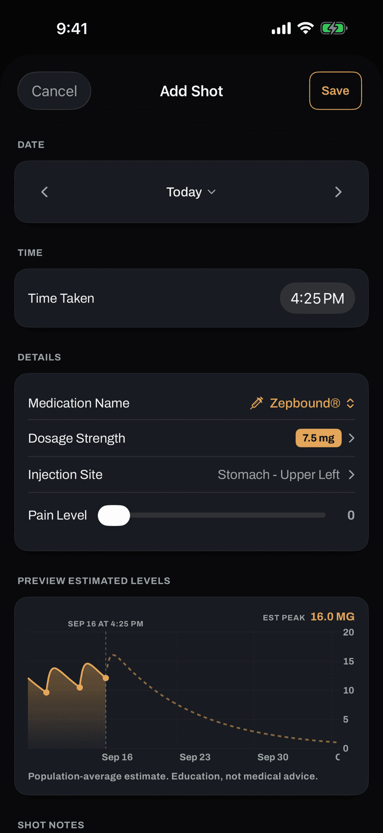 Bild Health Add Shot screen: medication, dose, injection site and the estimated medication-level preview