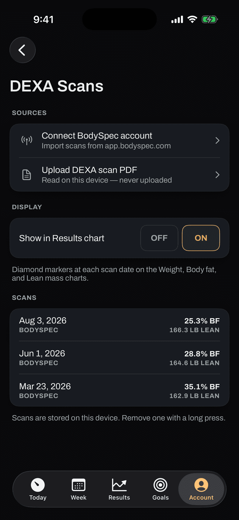 Bild Health DEXA Scans screen: scans imported from BodySpec, marked against the daily trend