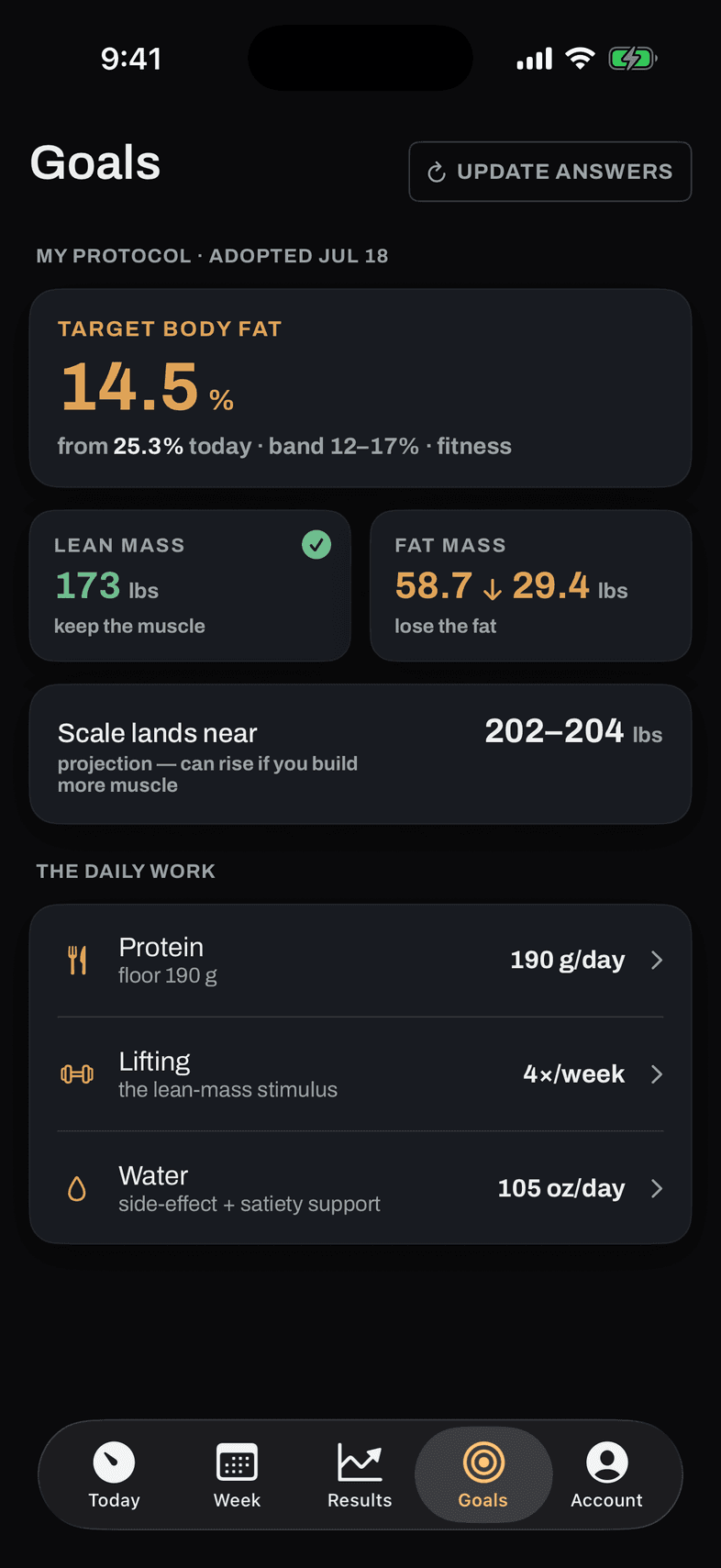 Bild Health Goals screen: targets sized to lean mass