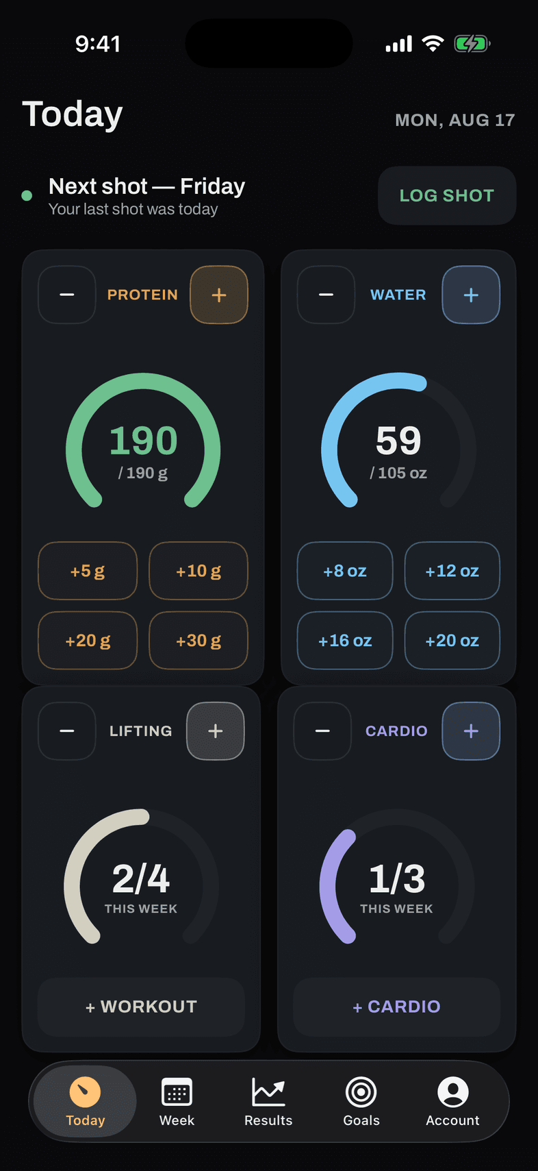 Bild Health Today screen: protein, water, lifting and cardio against today's targets