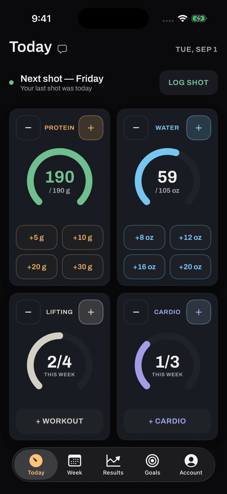 Bild Health Today screen: protein, water, lifting and cardio against today's targets