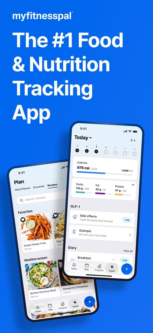 MyFitnessPal's App Store listing image, showing the diary with its GLP-1 dose and side-effects card