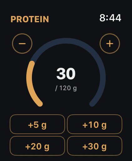 The Bild Health watch app: protein at 30 of 120 grams, with quick-add chips for 5, 10, 20 and 30 grams