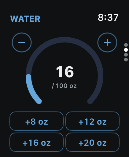 The Bild Health watch app: water logged against the day's target, with quick-add chips in ounces